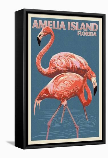 Amelia Island, Florida - Flamingo - Letterpress-Lantern Press-Framed Stretched Canvas
