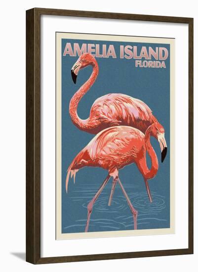 Amelia Island, Florida - Flamingo - Letterpress-Lantern Press-Framed Art Print