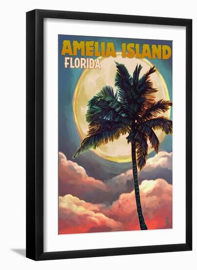 Amelia Island, Florida - Palm and Moon-Lantern Press-Framed Art Print