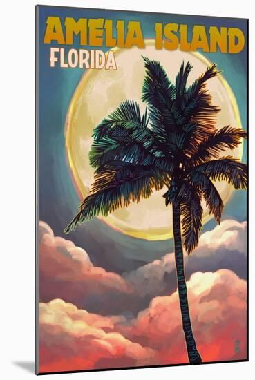 Amelia Island, Florida - Palm and Moon-Lantern Press-Mounted Art Print