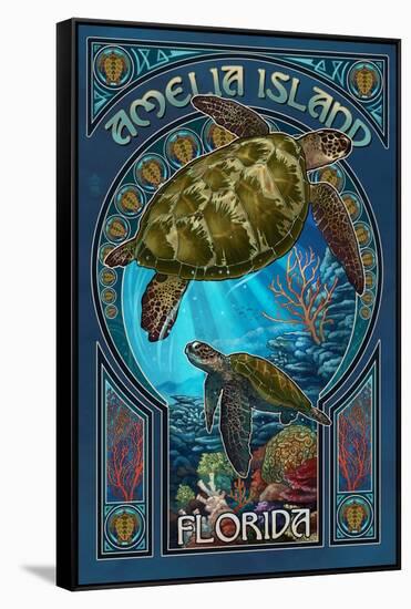 Amelia Island, Florida - Sea Turtle Art Nouveau-Lantern Press-Framed Stretched Canvas