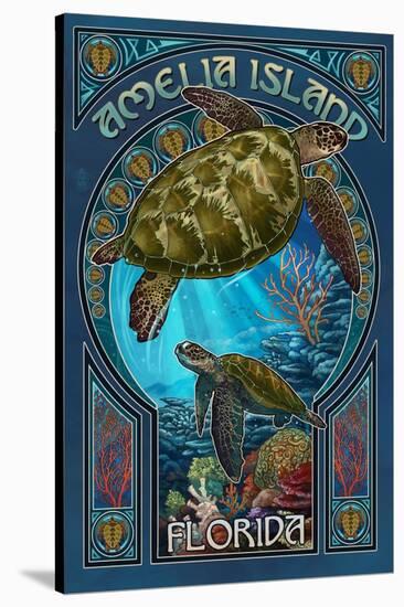 Amelia Island, Florida - Sea Turtle Art Nouveau-Lantern Press-Stretched Canvas