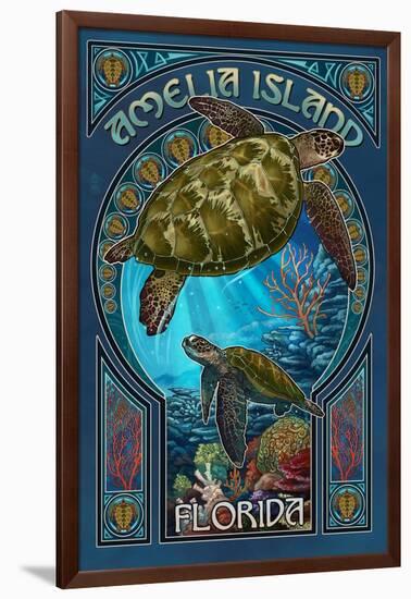 Amelia Island, Florida - Sea Turtle Art Nouveau-Lantern Press-Framed Art Print