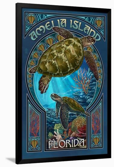 Amelia Island, Florida - Sea Turtle Art Nouveau-Lantern Press-Framed Art Print