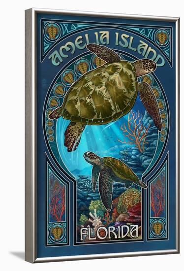 Amelia Island, Florida - Sea Turtle Art Nouveau-Lantern Press-Framed Art Print