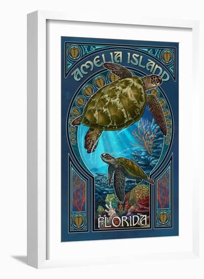 Amelia Island, Florida - Sea Turtle Art Nouveau-Lantern Press-Framed Art Print