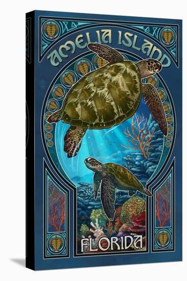 Amelia Island, Florida - Sea Turtle Art Nouveau-Lantern Press-Stretched Canvas