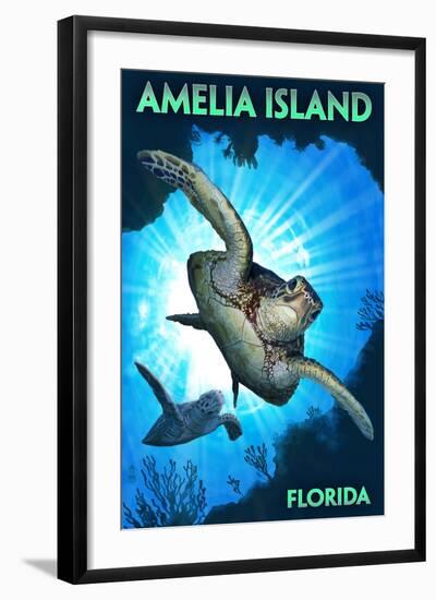 Amelia Island, Florida - Sea Turtle Diving-Lantern Press-Framed Art Print