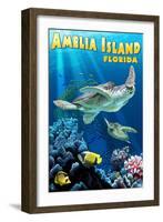 Amelia Island, Florida - Sea Turtle Swimming-Lantern Press-Framed Art Print