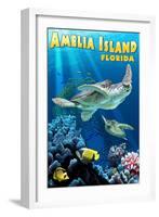 Amelia Island, Florida - Sea Turtle Swimming-Lantern Press-Framed Art Print