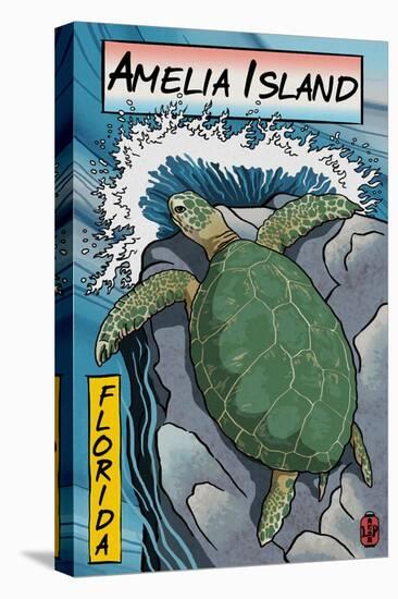 Amelia Island, Florida - Sea Turtle - Woodblock Print-Lantern Press-Stretched Canvas