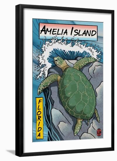 Amelia Island, Florida - Sea Turtle - Woodblock Print-Lantern Press-Framed Art Print