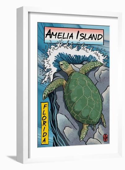 Amelia Island, Florida - Sea Turtle - Woodblock Print-Lantern Press-Framed Art Print