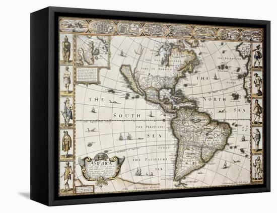 America Old Map With Greenland Insert Map. Created By John Speed. Published In London, 1627-marzolino-Framed Stretched Canvas