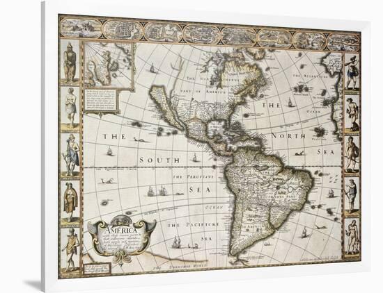 America Old Map With Greenland Insert Map. Created By John Speed. Published In London, 1627-marzolino-Framed Art Print