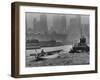 America's Cup Contender Sceptre Being Towed Up the East River-null-Framed Photographic Print