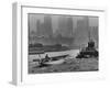 America's Cup Contender Sceptre Being Towed Up the East River-null-Framed Photographic Print