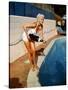 American Actress Jayne Mansfield with a Bottle of Champagne, Near a Swimming Pool, 1956-1957-null-Stretched Canvas