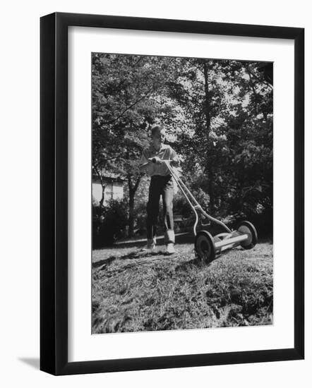 American Boy Mows Lawns to Earn Extra Money During Summer Months, He Gets Jobs Thru Newspaper Ads-Walter Sanders-Framed Photographic Print