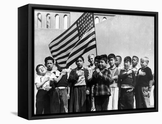 American Children of Japanese, German and Italian Heritage, Pledging Allegiance to the Flag-Dorothea Lange-Framed Stretched Canvas
