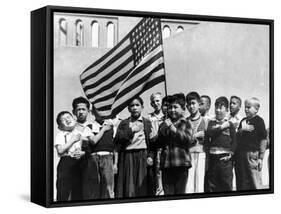 American Children of Japanese, German and Italian Heritage, Pledging Allegiance to the Flag-Dorothea Lange-Framed Stretched Canvas