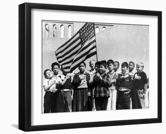 American Children of Japanese, German and Italian Heritage, Pledging Allegiance to the Flag-Dorothea Lange-Framed Premium Photographic Print