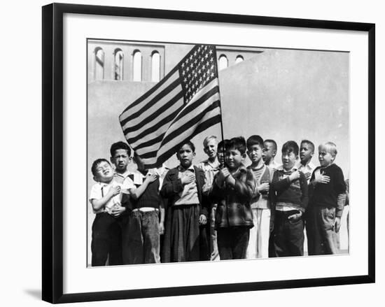 American Children of Japanese, German and Italian Heritage, Pledging Allegiance to the Flag-Dorothea Lange-Framed Photographic Print