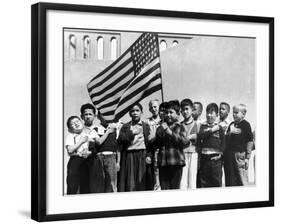 American Children of Japanese, German and Italian Heritage, Pledging Allegiance to the Flag-Dorothea Lange-Framed Photographic Print