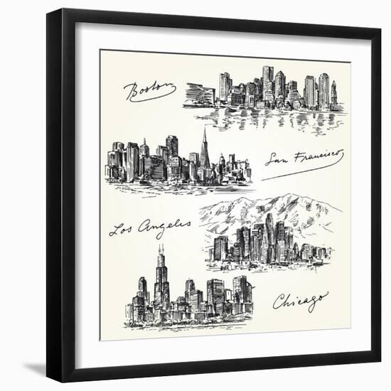 American Cities Skylines - Hand Drawn Set-canicula-Framed Art Print