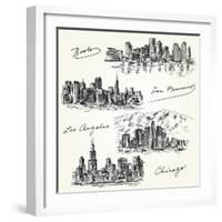 American Cities Skylines - Hand Drawn Set-canicula-Framed Art Print