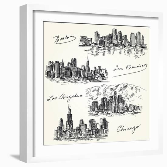 American Cities Skylines - Hand Drawn Set-canicula-Framed Art Print