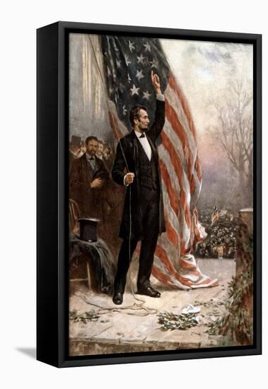 American Civil War Painting of President Abraham Lincoln Holding the American Flag-null-Framed Stretched Canvas