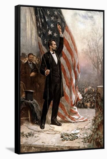 American Civil War Painting of President Abraham Lincoln Holding the American Flag-null-Framed Stretched Canvas