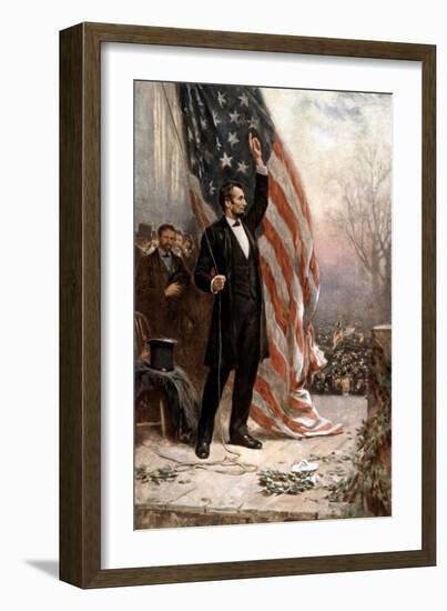 American Civil War Painting of President Abraham Lincoln Holding the American Flag-null-Framed Art Print