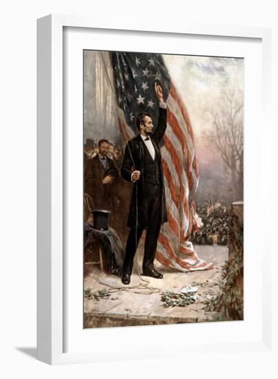 American Civil War Painting of President Abraham Lincoln Holding the American Flag-null-Framed Art Print