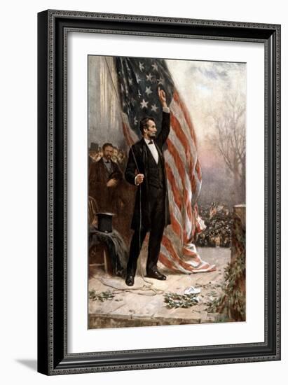 American Civil War Painting of President Abraham Lincoln Holding the American Flag-null-Framed Art Print