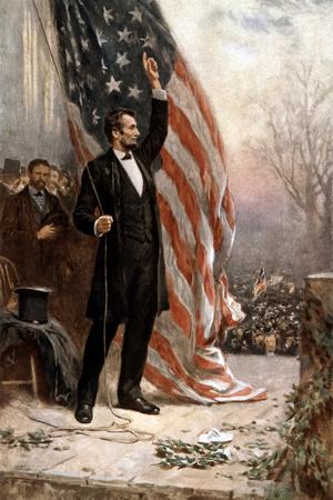 American Civil War Painting of President Abraham Lincoln Holding the American Flag