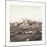 American Civil War: Three Horse-Drawn Covered Wagons in the Foreground. Soldiers Marching in Format-null-Mounted Giclee Print