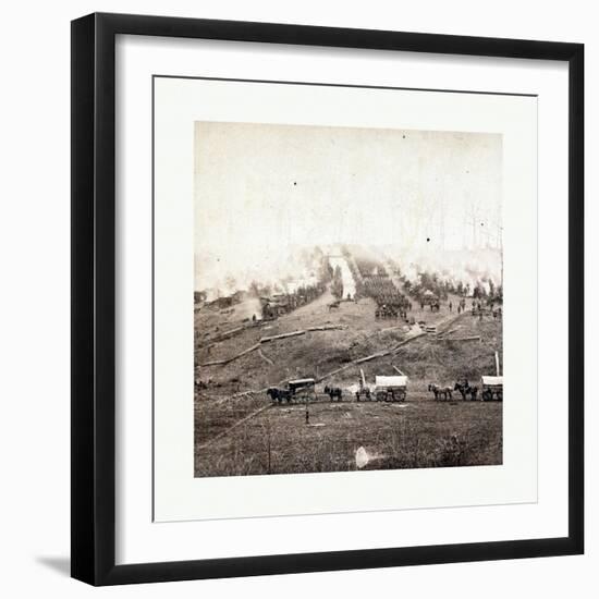 American Civil War: Three Horse-Drawn Covered Wagons in the Foreground. Soldiers Marching in Format-null-Framed Premium Giclee Print