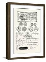American Coins and Paper Money: 1. American 20 Dollar Bill (1775); 2. Maryland Shilling-null-Framed Giclee Print