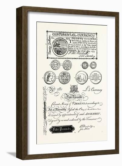 American Coins and Paper Money: 1. American 20 Dollar Bill (1775); 2. Maryland Shilling-null-Framed Giclee Print