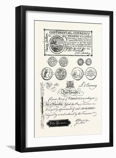 American Coins and Paper Money: 1. American 20 Dollar Bill (1775); 2. Maryland Shilling-null-Framed Giclee Print