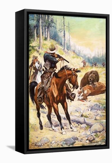 American Cowboys Surround a Bear Crouched over the Body of a Cow-Stanley L. Wood-Framed Stretched Canvas