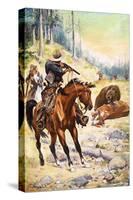 American Cowboys Surround a Bear Crouched over the Body of a Cow-Stanley L. Wood-Stretched Canvas