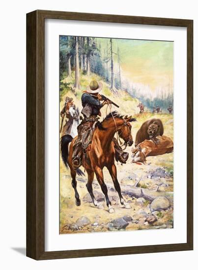 American Cowboys Surround a Bear Crouched over the Body of a Cow-Stanley L. Wood-Framed Giclee Print