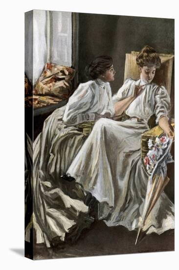 American Daily Life: Two Young Women in Conversation, Sharing Confidences, circa 1900. Colour Engra-null-Stretched Canvas