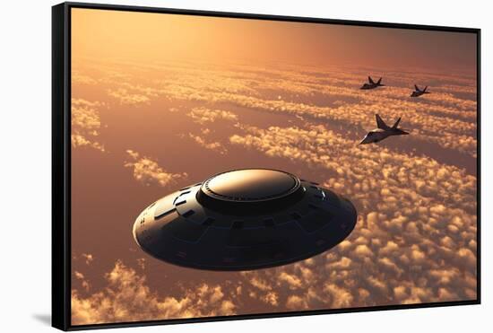 American F-22 Stealth Raptor Aircraft Chasing a Much Larger Ufo-null-Framed Stretched Canvas