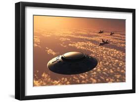 American F-22 Stealth Raptor Aircraft Chasing a Much Larger Ufo-null-Framed Premium Giclee Print