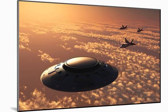 American F-22 Stealth Raptor Aircraft Chasing a Much Larger Ufo-null-Mounted Art Print