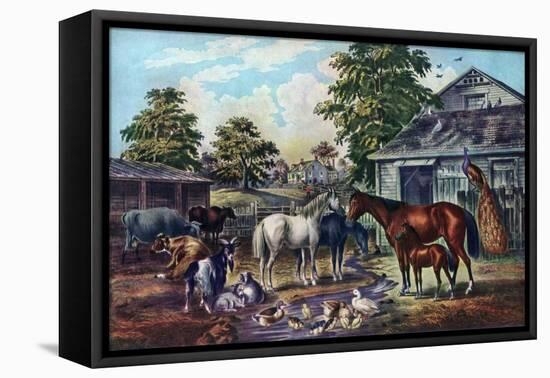 American Farm Yard in the Morning, 1857-Currier & Ives-Framed Stretched Canvas